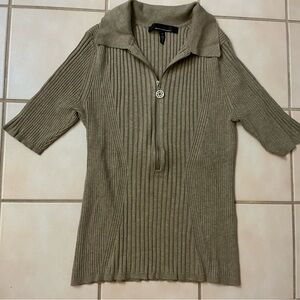 White House Black Market  Elbow-Sleeve Ribbed Half-Zip Sweater Top Sz S Brown